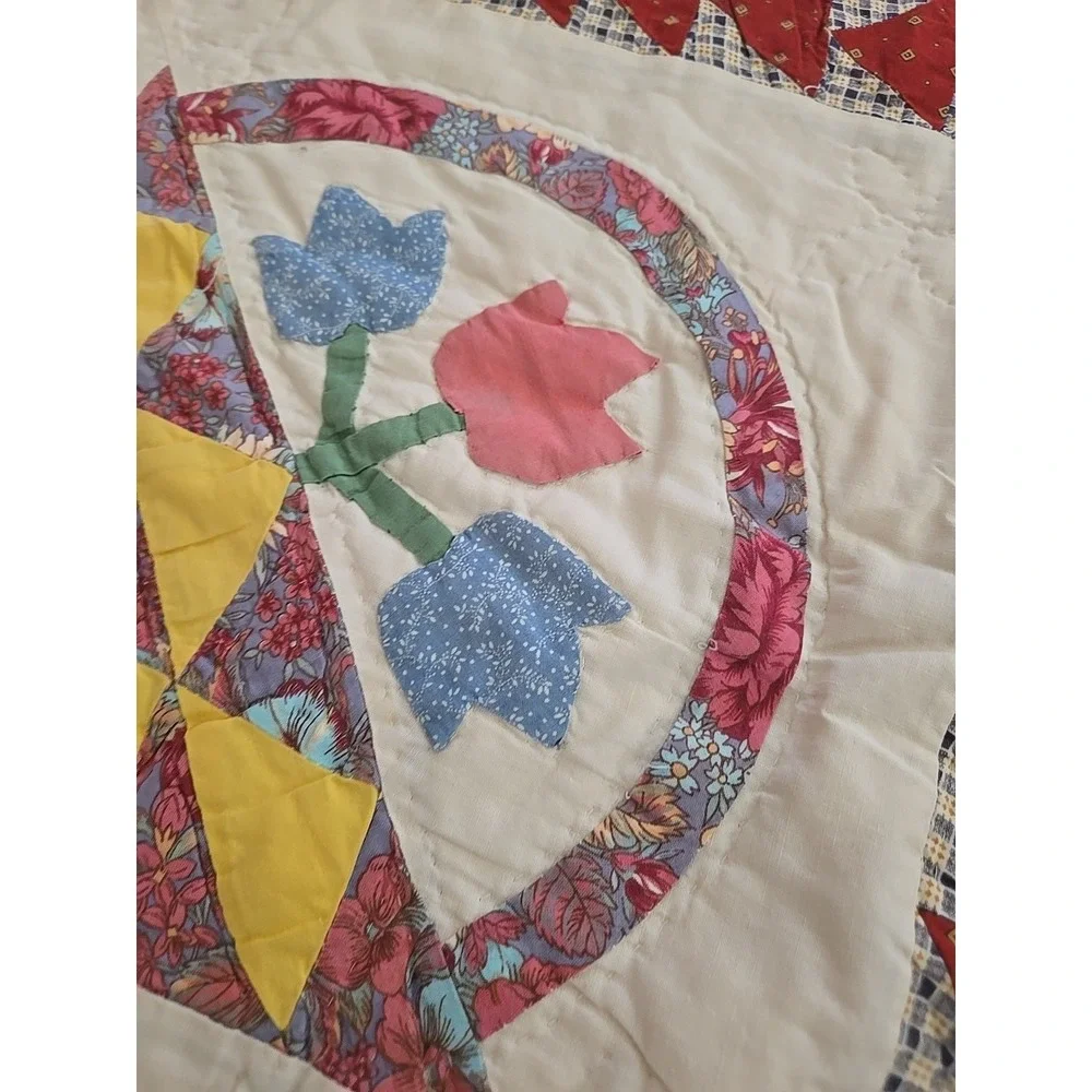 Vtg Grannycore Cottagecore Flower Basket Quilt Handmade Stiched 88